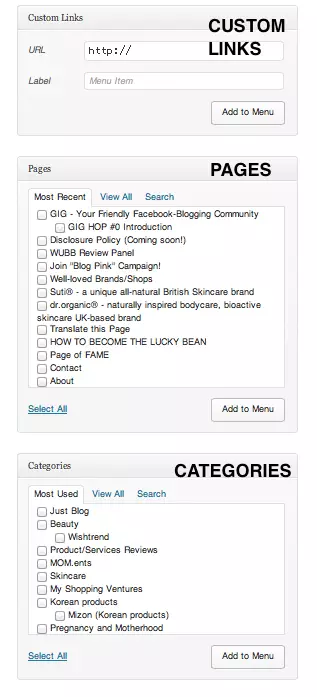 Pages, Custom, Categories